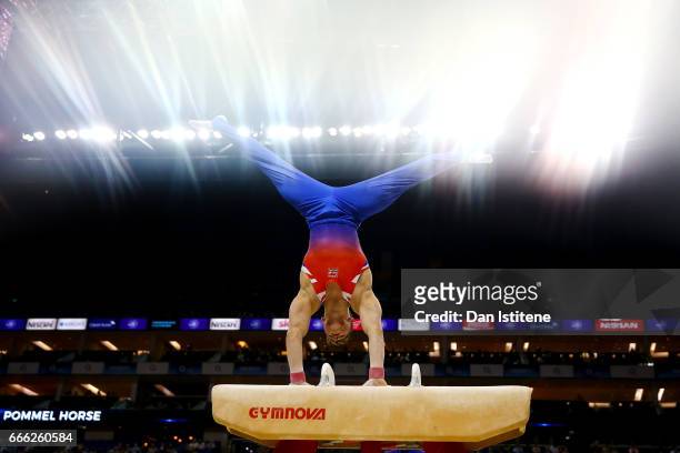 Brinn Bevan of Great Britain competes on the pommel horse during the men's competition for the iPro Sport World Cup of Gymnastics at The O2 Arena on...