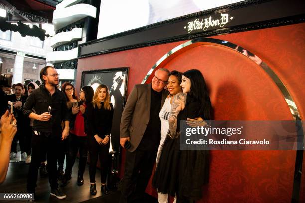 Kat Von D and her father Rene Drachenberg pose for photos with fan at Sephora, C.so Vittorio Emanuele Milan on April 8, 2017 in Milan, Italy.