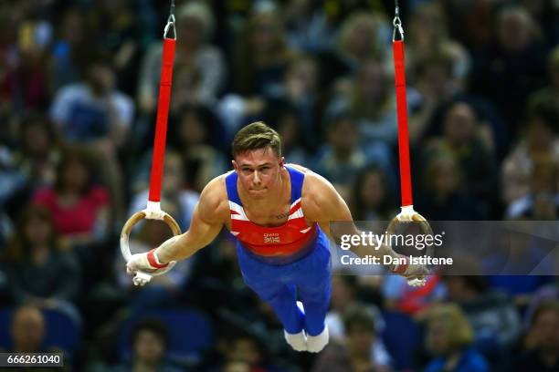 Brinn Bevan of Great Britain competes on the rings during the men's competition for the iPro Sport World Cup of Gymnastics at The O2 Arena on April...