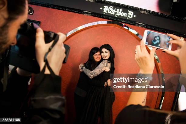 Kat Von D poses for photos with fans at Sephora, C.so Vittorio Emanuele Milan on April 8, 2017 in Milan, Italy.