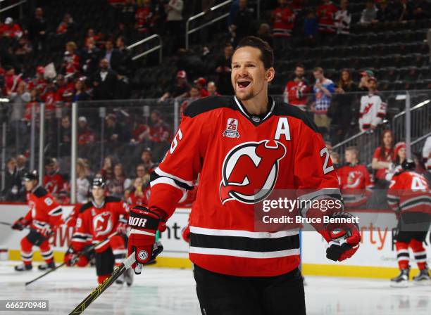 Patrik Elias of the New Jersey Devils who recently announced his retirement, skates in warm-ups prior to the game against the New York Islanders at...