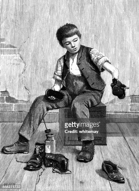 victorian boy shining shoes - shoeshiner stock illustrations
