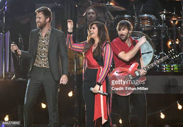 Recording artists Charles Kelley, Hillary Scott and Dave Haywood of Lady Antebellum perform during the 52nd Academy of Country Music Awards at...