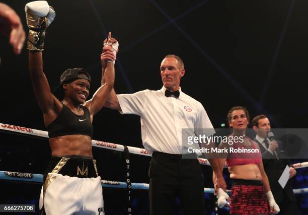 Nicola Adams OBE celebrates her victory over Virginia Noemi Carcamo during their International Flyweight Contest at Manchester Arena on April 8, 2017...