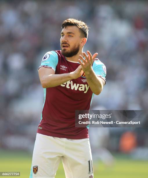 West Ham United's Robert Snodgrass during the Premier League match between West Ham United and Swansea City at London Stadium on April 8, 2017 in...