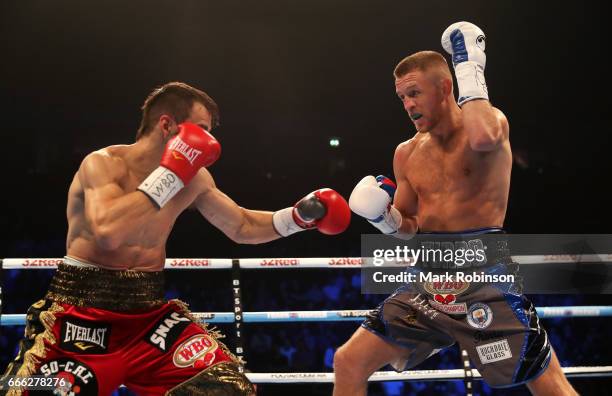 Terry Flanagan in action against Petr Petrov during their WBO World Lightweight Championship fight at Manchester Arena on April 8, 2017 in...