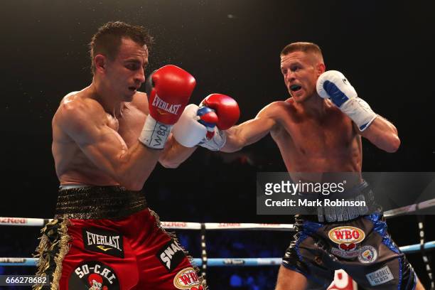 Terry Flanagan in action against Petr Petrov during their WBO World Lightweight Championship fight at Manchester Arena on April 8, 2017 in...