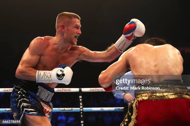 Terry Flanagan in action against Petr Petrov during their WBO World Lightweight Championship fight at Manchester Arena on April 8, 2017 in...