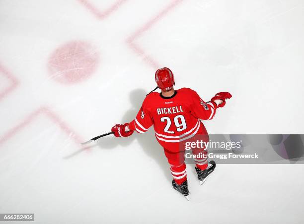 Bryan Bickell of the Carolina Hurricanes is photographer during warmups prior to an NHL game against the St. Louis Blues on April 8, 2017 at PNC...
