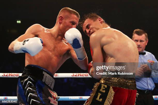 Terry Flanagan throws a punch at Petr Petrov during their WBO World Lightweight Championship fight at Manchester Arena on April 8, 2017 in...