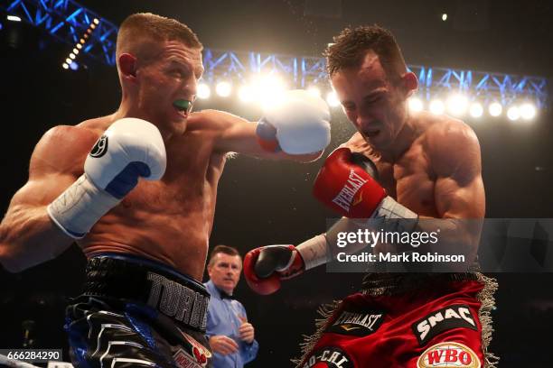 Terry Flanagan throws a punch at Petr Petrov during their WBO World Lightweight Championship fight at Manchester Arena on April 8, 2017 in...