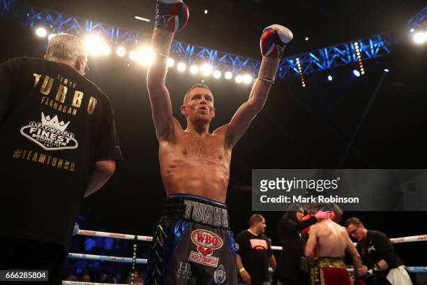 Terry Flanagan celebrates at the end of his WBO World Lightweight Championship fight against Petr Petrov at Manchester Arena on April 8, 2017 in...