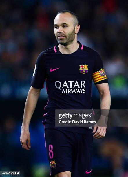 Andres Iniesta of FC Barcelona looks on during the La Liga match between Malaga CF and FC Barcelona at La Rosaleda stadium on April 8, 2017 in...