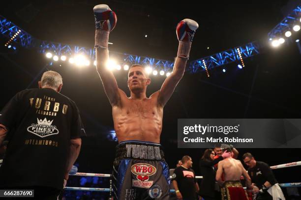 Terry Flanagan celebrates at the end of his WBO World Lightweight Championship fight against Petr Petrov at Manchester Arena on April 8, 2017 in...