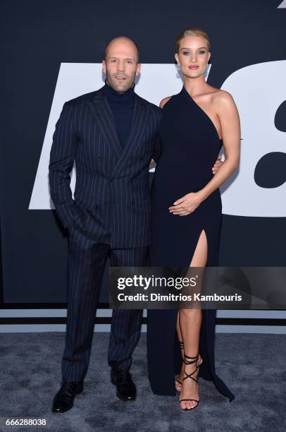 Actor Jason Statham and Model Rosie-Huntington-Whiteley attend "The Fate Of The Furious" New York Premiere at Radio City Music Hall on April 8, 2017...