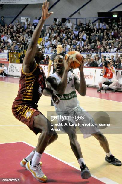 Levi Randolph of Sidigas competes with Melvin Ejim of Umana during the LegaBasket of Serie A1 match between Reyer Umana Venezia vs Scandone Sidigas...