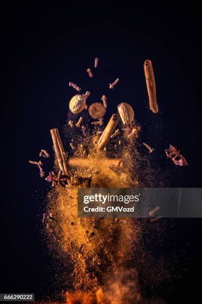 winter spice mix food explosion - powder explosion food stock pictures, royalty-free photos & images