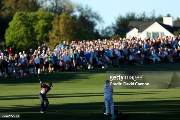 Sergio Garcia of Spain plays his second shot on the 18th hole during the third round of the 2017 Masters Tournament at Augusta National Golf Club on...