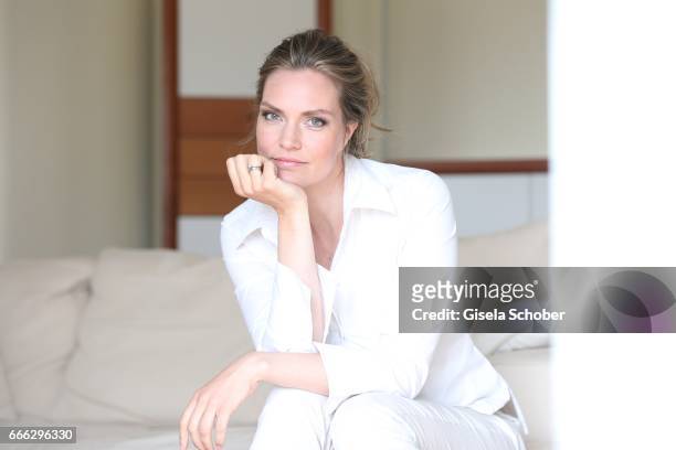 Julia Scharf, 'ARD Sportschau' sport moderator poses during a photo session on April 3, 2017 in Munich, Germany.
