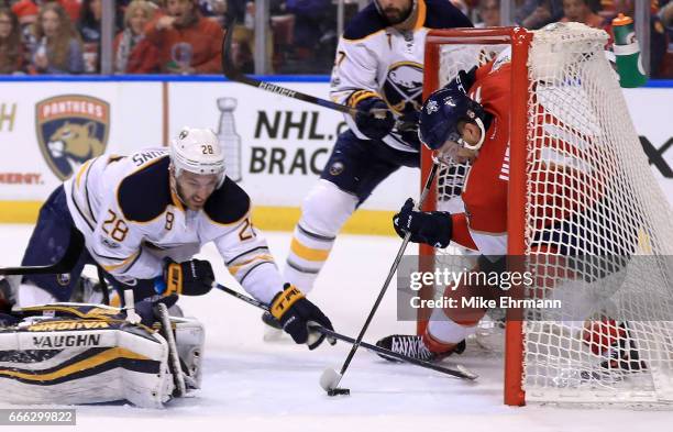 Jonathan Huberdeau of the Florida Panthers scores a goal during a game against the Buffalo Sabres at BB&T Center on April 8, 2017 in Sunrise, Florida.