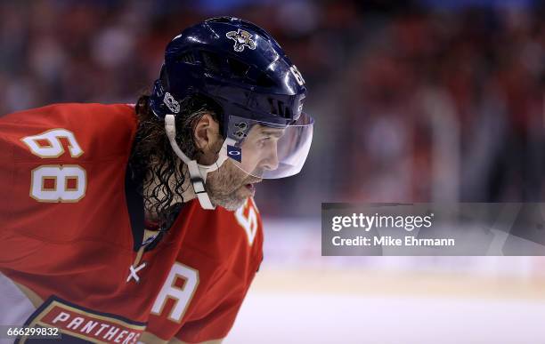 Jaromir Jagr of the Florida Panthers looks on during a game against the Buffalo Sabres at BB&T Center on April 8, 2017 in Sunrise, Florida.