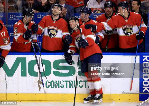 Shawn Thornton of the Florida Panthers is honored during his last game against the Buffalo Sabres at BB&T Center on April 8, 2017 in Sunrise, Florida.