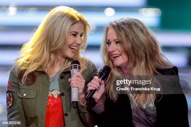 Beatrice Egil and Nicole during the television show 'Willkommen bei Carmen Nebel' on April 8, 2017 in Magdeburg, Germany.