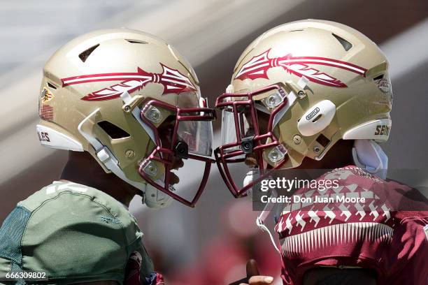Quarterback Deondre Francois and Wide Receiver Nyqwan Murray of the Florida State Seminoles go helmet to helmet before the start of the annual Garnet...