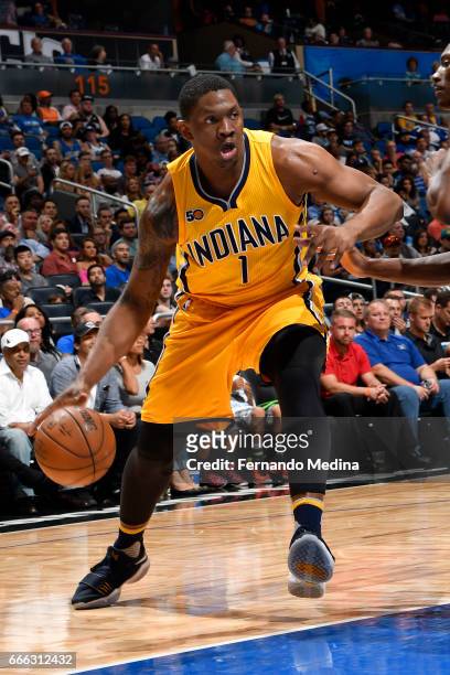 Kevin Seraphin of the Indiana Pacers handles the ball against the Orlando Magic on March 24, 2017 at Amway Center in Orlando, Florida. NOTE TO USER:...