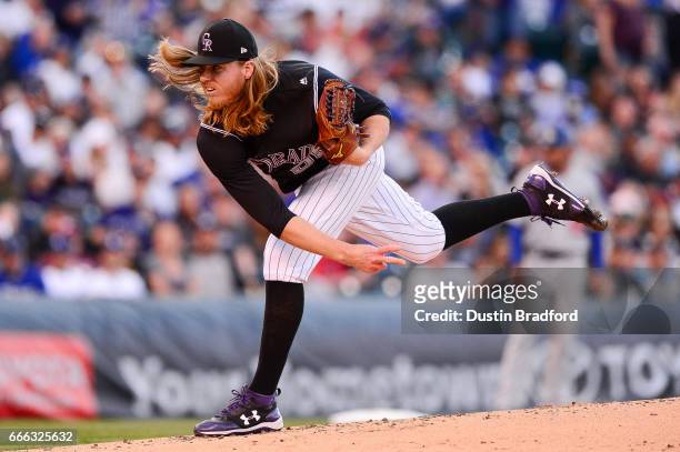 Jon Gray of the Colorado Rockies pitches in the second inning of a game against the Los Angeles Dodgers at Coors Field on April 8, 2017 in Denver,...