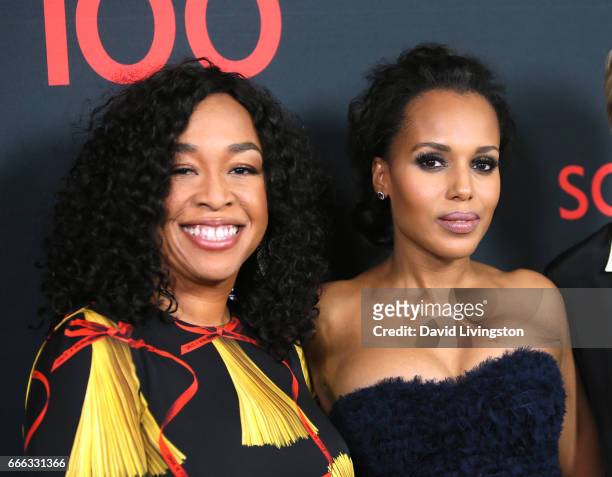Producer Shonda Rhimes and actress Kerry Washington attend ABC's "Scandal" 100th Episode Celebration at Fig & Olive on April 8, 2017 in West...