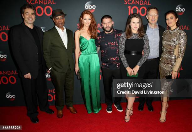 Actors Jon Tenney, Joe Morton, Darby Stanchfield, Guillermo Diaz, Katie Lowes, George Newbern, and Bellamy Young attend ABC's "Scandal" 100th Episode...