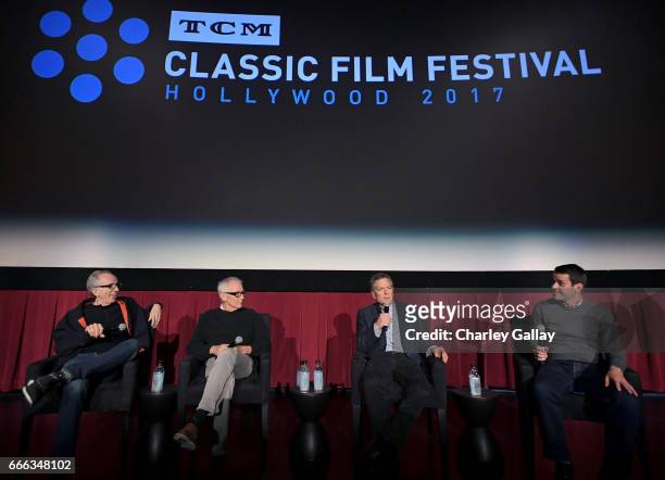 Film producer Jerry Zucker, directors Jim Abrahams and David Zucker and TCM host Dave Karger speak onstage at the screening of 'Top Secret!' during...