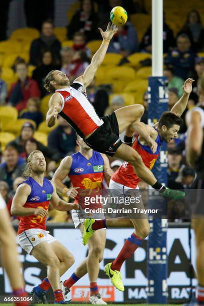 Maverick Weller of the Saints attempts to mark the ball during the round three AFL match between the St Kilda Saints and the Brisbane Lions at Etihad...