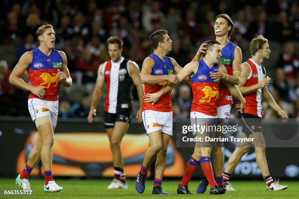 Lewis Taylor of the Lions celebrates a goal during the round three AFL match between the St Kilda Saints and the Brisbane Lions at Etihad Stadium on...