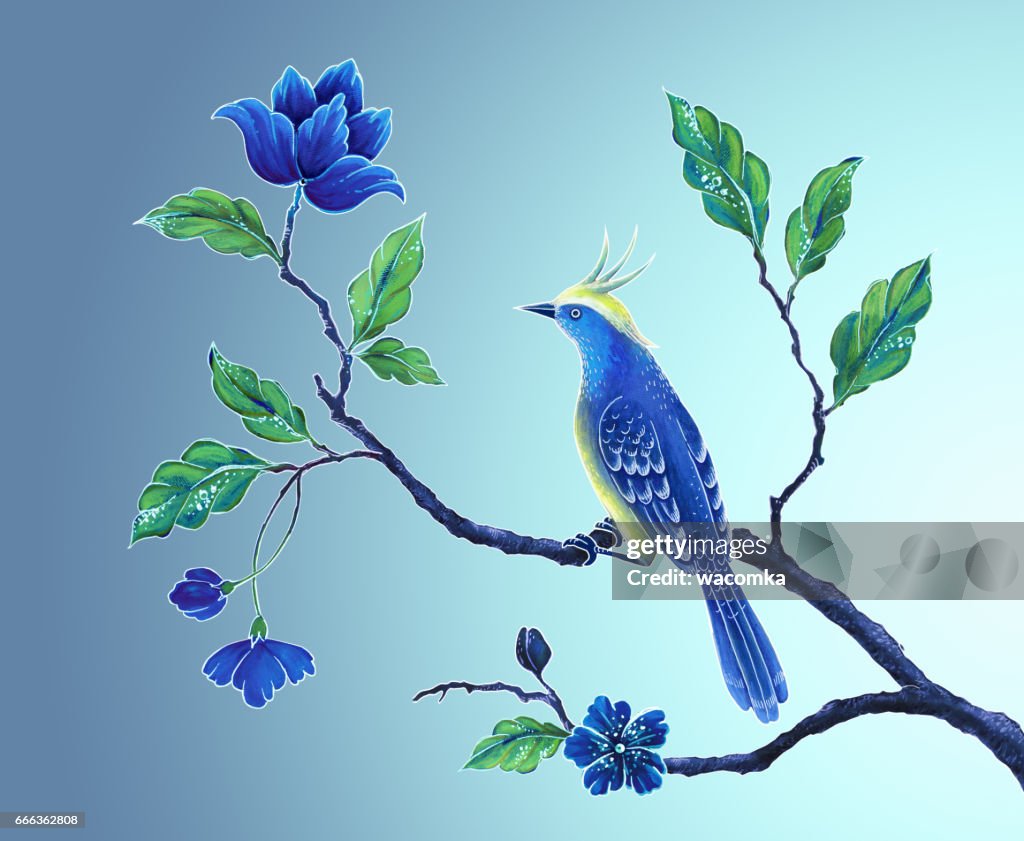 Pintadas Aves Decorativas Ilustración Songbird Asia Flores Y Hojas  Prediseñadas De Exótica Naturaleza Fondo De Diseño Floral Oriental  Ilustración de stock - Getty Images