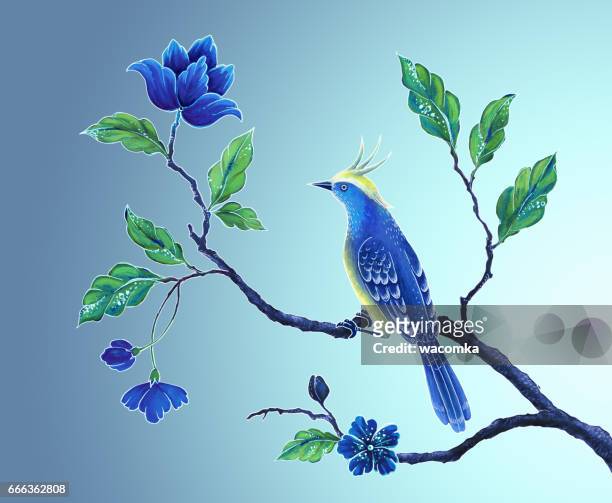 Pintadas Aves Decorativas Ilustración Songbird Asia Flores Y Hojas  Prediseñadas De Exótica Naturaleza Fondo De Diseño Floral Oriental  Ilustración de stock - Getty Images