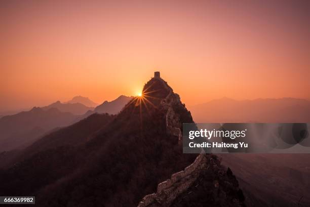 sunrise over great wall at simatai - great wall of china stock pictures, royalty-free photos & images