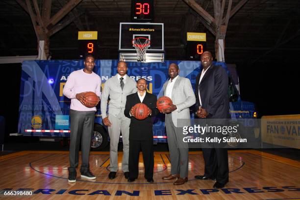 Golden State Warriors Legends Antawn Jamison, Corey Maggette, Muggsy Bogues, Tony Delk, and Adonal Foyle pose for a photo in front of the American...