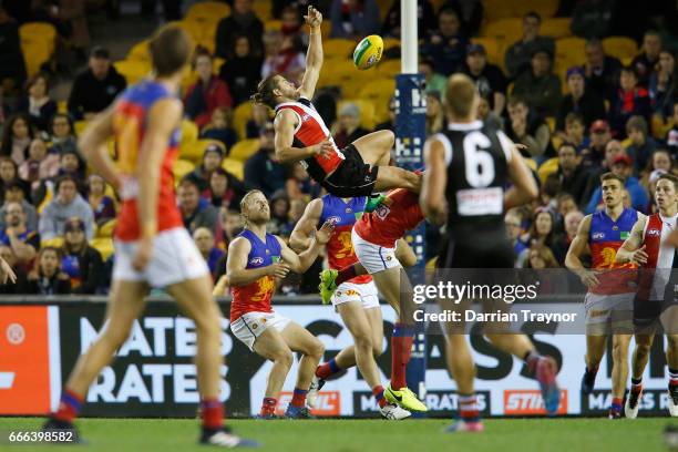 Maverick Weller of the Saints attempts to mark the ball during the round three AFL match between the St Kilda Saints and the Brisbane Lions at Etihad...