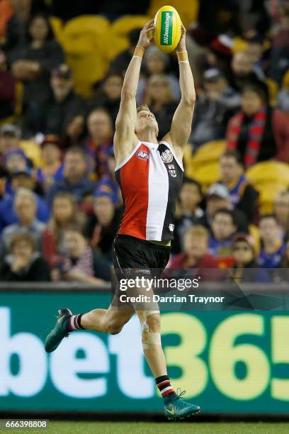 Nick Riewoldt of the Saints marks the ball during the round three AFL match between the St Kilda Saints and the Brisbane Lions at Etihad Stadium on...