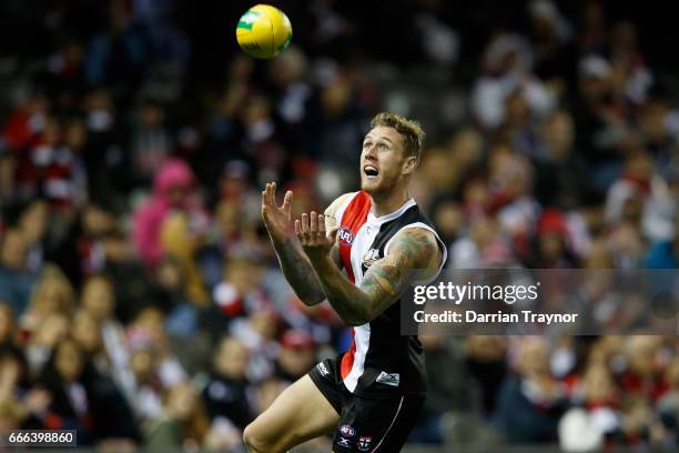 Tim Membrey of the Saints marks the ball during the round three AFL match between the St Kilda Saints and the Brisbane Lions at Etihad Stadium on...