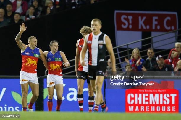 Mitch Robinson of the Lions celebrates a goal during the round three AFL match between the St Kilda Saints and the Brisbane Lions at Etihad Stadium...
