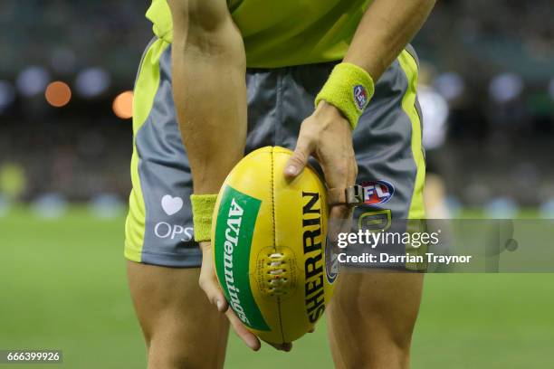 Boundary umpire throws the ball back into play during the round three AFL match between the St Kilda Saints and the Brisbane Lions at Etihad Stadium...