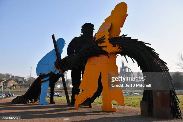 View of a sculpture depicting steel workers near the ArcelorMittal steel mill on February 14, 2017 in Hayange,France. The people of the French Rust...