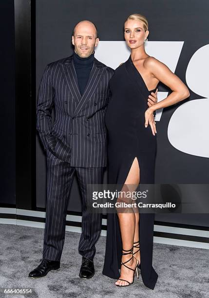Actor Jason Statham and Model Rosie-Huntington-Whiteley attend 'The Fate Of The Furious' New York Premiere at Radio City Music Hall on April 8, 2017...