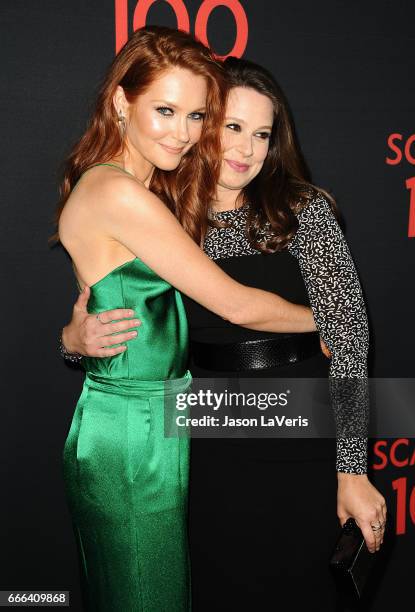 Actresses Darby Stanchfield and Katie Lowes attend ABC's "Scandal" 100th episode celebration at Fig & Olive on April 8, 2017 in West Hollywood,...