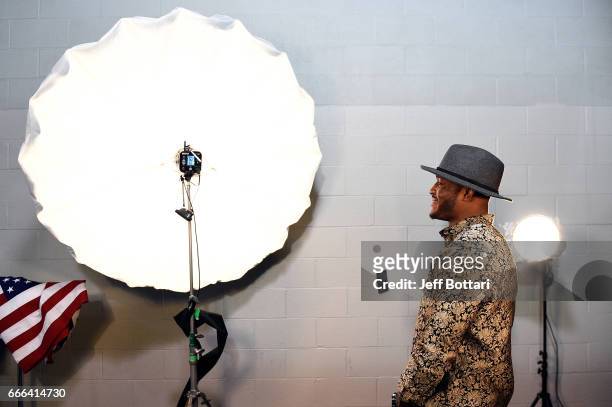 Kamaru Usman of Nigeria poses for a portraits backstage during the UFC 210 event at the KeyBank Center on April 8, 2017 in Buffalo, New York.