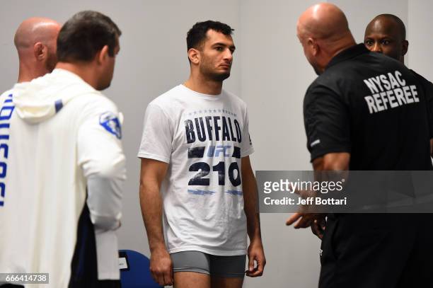 Gegard Mousasi of the Netherlands receives instructions from referee Dan Miragliotta during the UFC 210 event at the KeyBank Center on April 8, 2017...