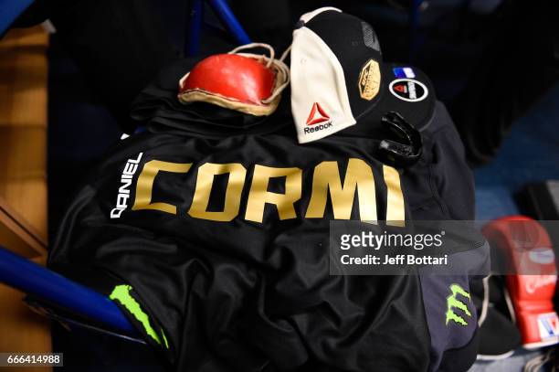 Detail shot of Daniel Cormier's fight gear backstage during the UFC 210 event at the KeyBank Center on April 8, 2017 in Buffalo, New York.